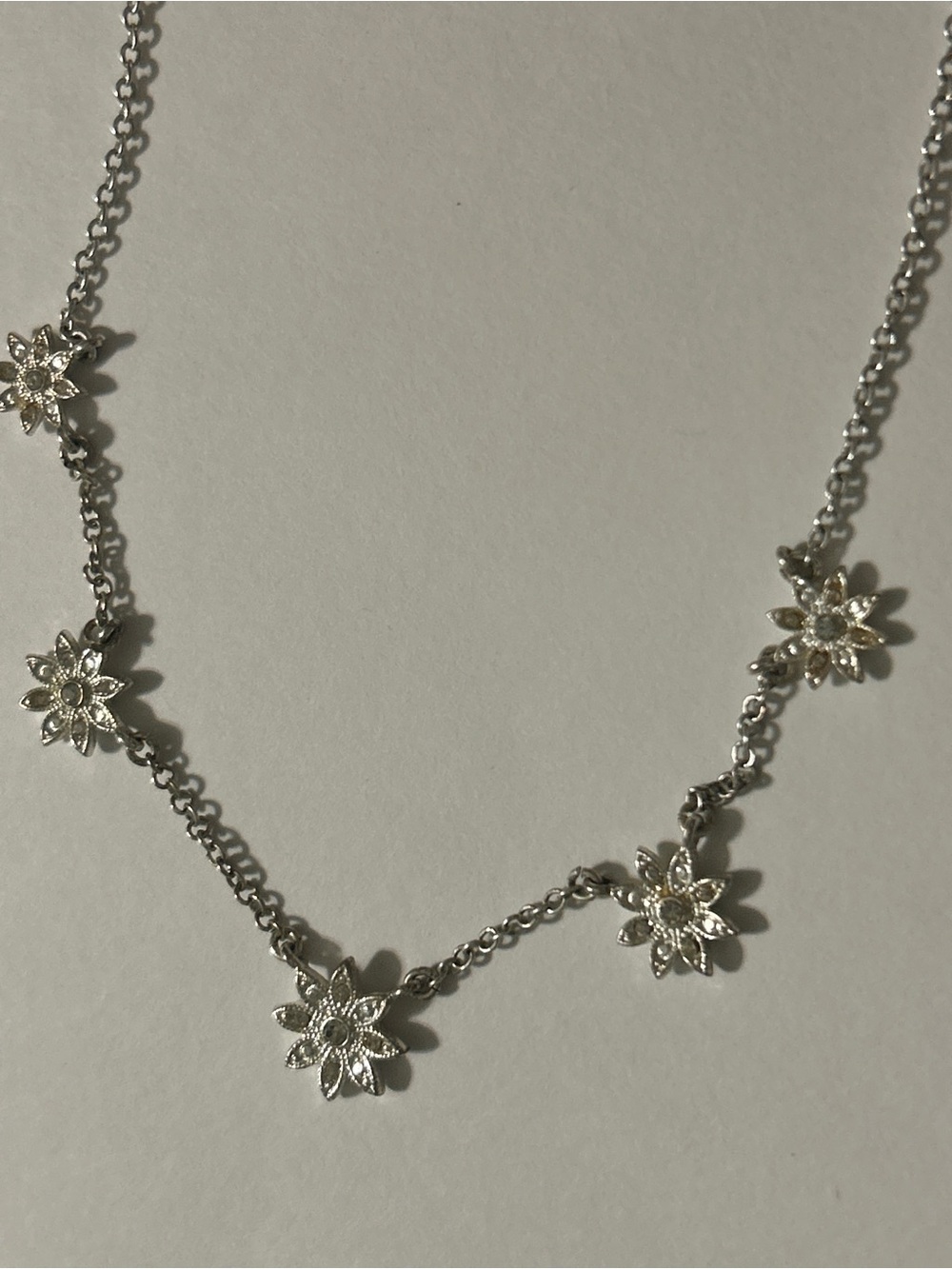 Vintage Signed Avon SH Silvertone Rhinestone Flower Station Necklace 16"